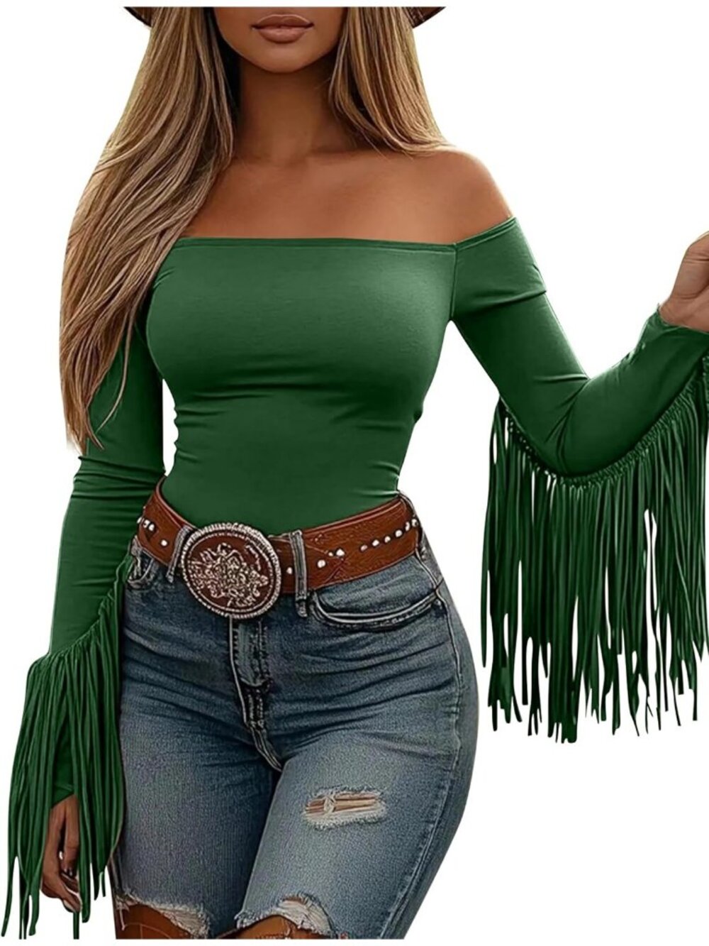 Women's Green Stretchy Crop Off Shoulder Concert Cowgirl Fringe Tassel Blouses